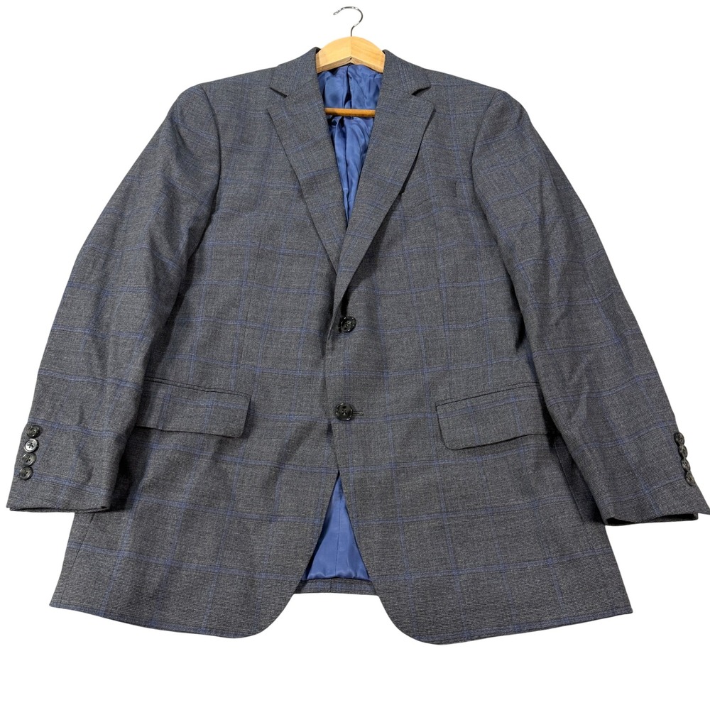 Hart Schaffner Marx Men 40R New York Fit Gray Blue Windowpane Wool Blazer Jacket
